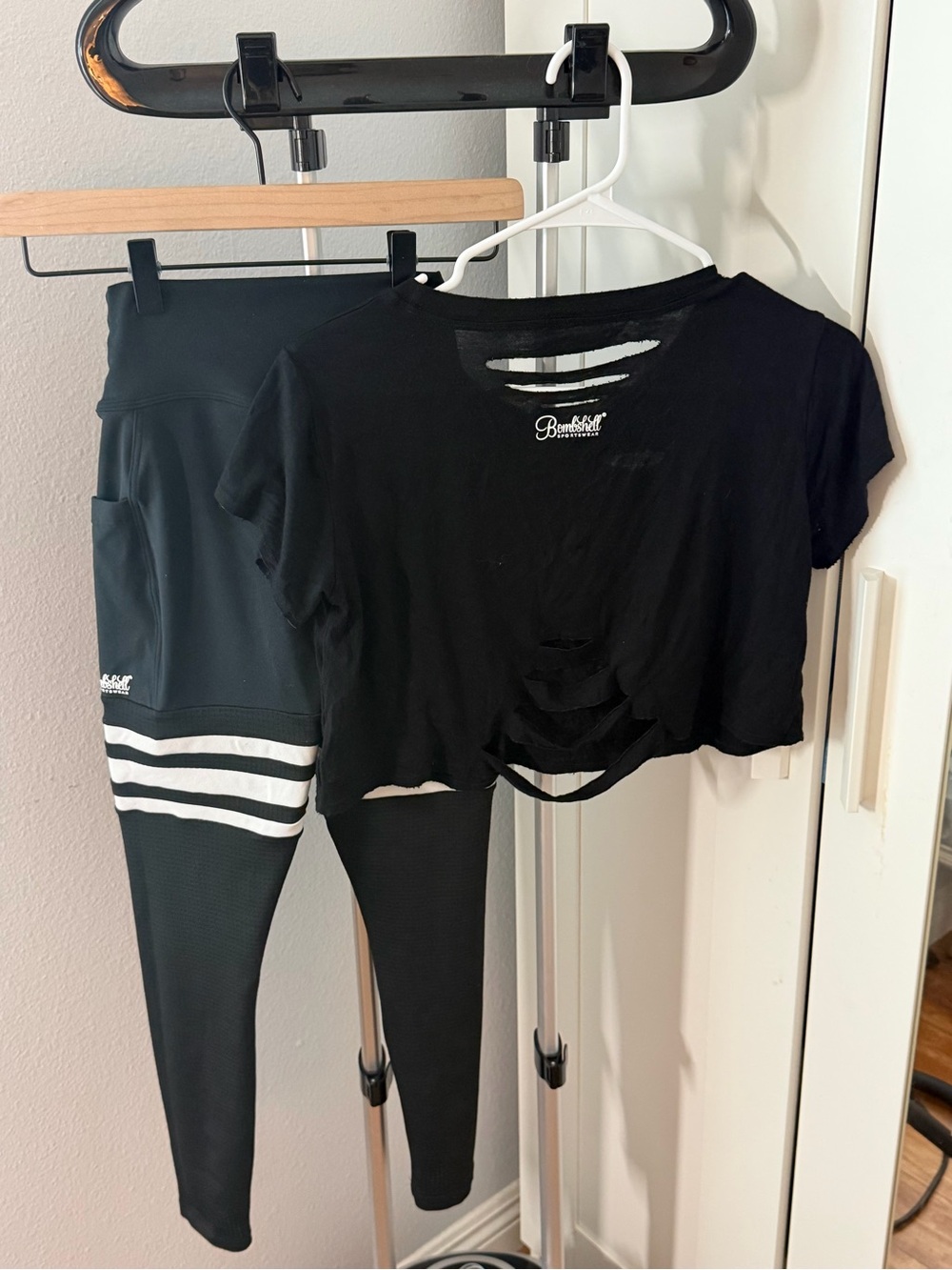 Bombshell Sportswear Black Girls' Ripped Crop Top with Black Leggings set